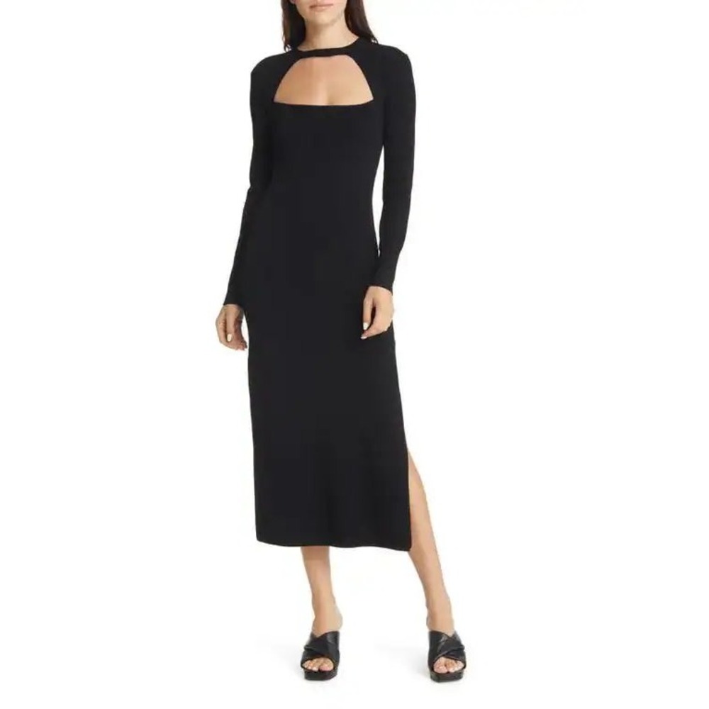Moon River Black Cutout Long Sleeve Midi Sweater Dress Womens L
